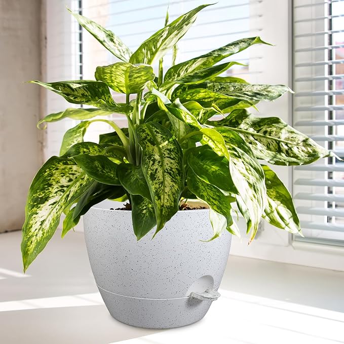 WSMKSZ 12/10/9 inch Large Self Watering Pots, Plant Pots with Mesh Drainage Holes for Indoor Outdoor Garden Plants, Flower Pots with Deep Reservoir, Set of 3 Plastic Planters, Specked White