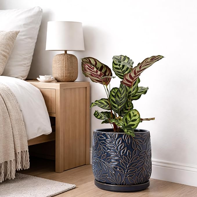 D'vine Dev 8 Inch Embossed Leaves Stoneware Planter Pot with Drainage Hole and Saucer, Midnight Blue, 27-A-Q-3
