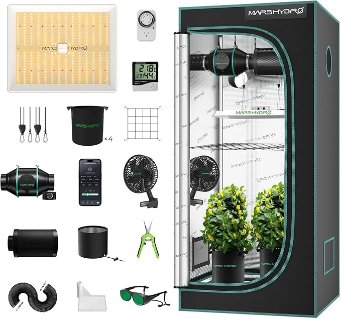 MARS HYDRO 3x3 Grow Tent Kit Complete System,150W TS1000 LED Programmable&Dimmable Grow Light, 32"x32"x63" 1680D High Reflective Mylar Grow System with 4inch Smart WiFi Control Ventilation System