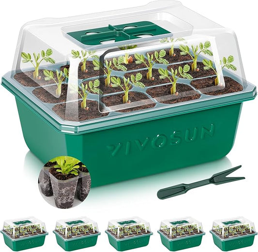 VIVOSUN 6-Pack Seed Starter Trays, 72-Cell Seed Starter Kit with Humidity Dome, Flat Reusable Plant Germination Trays with Drain Hole, Green Propagation Tray for Planting Seeds