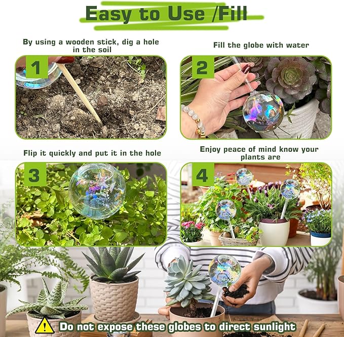 Self Watering Globes, Glass Rainbow Plant Watering Globes, Self Watering Planter Insert for Indoor & Outdoor Potted, Self Watering Planter Insert Spikes Devices for Everyday or Vacation Use, 4 Pack