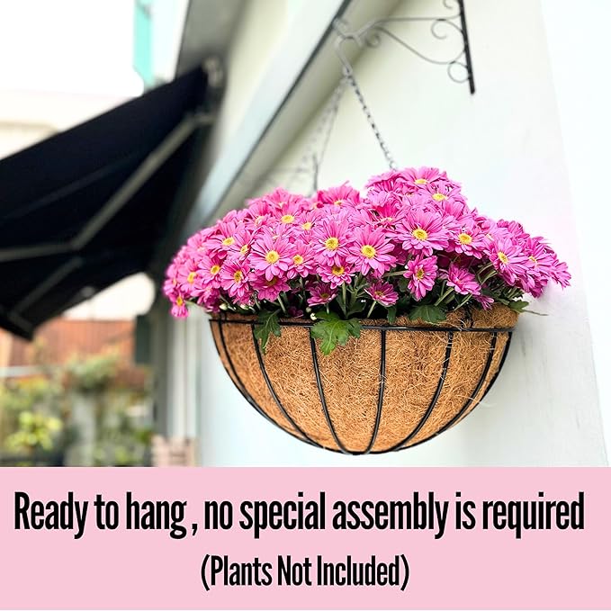 LaLaGreen Hanging Baskets for Plant Outdoor (18 Inch, 4 Pack) Extra Large Black Metal Wire Hanging Planter with Coco Liner Round Flower Pot Holder Hanger Deck Porch Modern Garden Balcony Country Decor