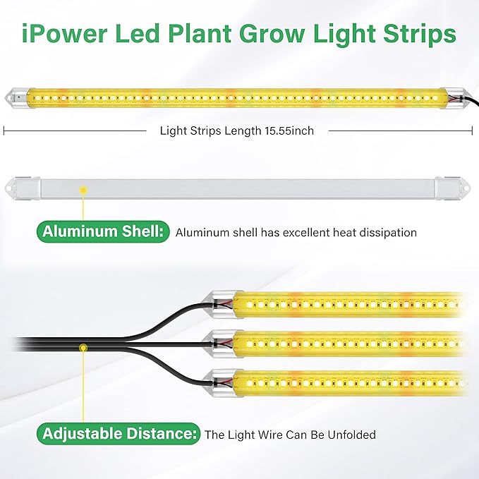 iPower 40W Full Spectrum LED Plant Grow Light Strips for Indoor Plants with Auto ON/Off 3/9/12H Timer, 10 Dimmable Levels 48 LEDs Per Tude, for Hydroponics Succulent, 3 Tubes, Yellow