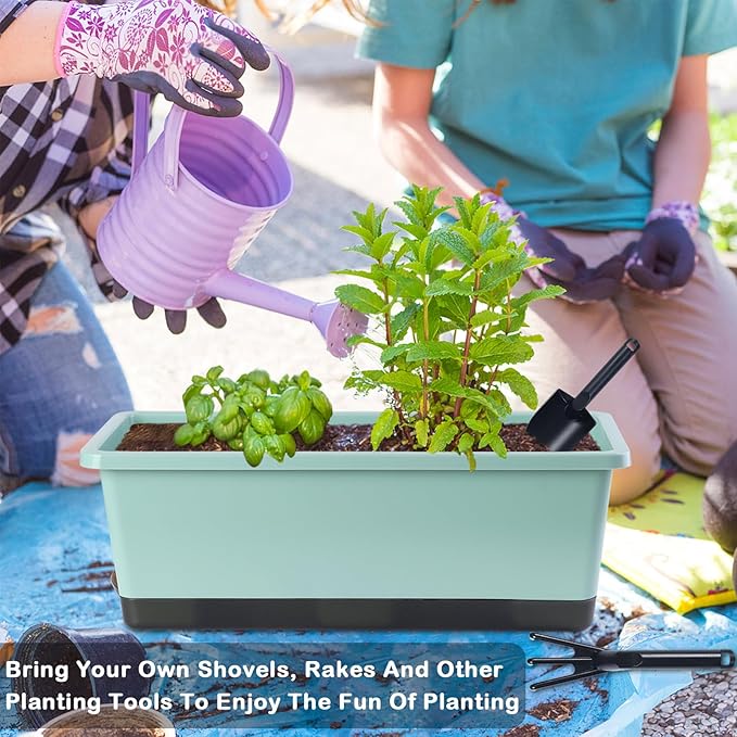 Oliz Window Box Planter 8 Pcs, 17 Inches Rectangle Flower Pots with Drainage Holes & Trays, Vegetable Planters for Windowsill Patio Garden Balcony Home Indoor Outdoor (Green, 16 * 7 * 6 inch)