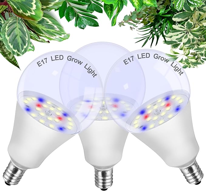 ALIDE E17 Intermediate Base Plant Grow Light Bulbs for Indoor Plants, E17 Full Spectrum Sun Grow LED Lamp 10W with Balanced Spectrum 5000K Red Blue Yellow for Seeds Greens Laboratory,Greenhouse,3Pack