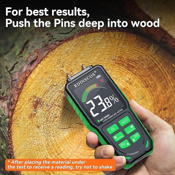 Rechargeable Moisture Meter for Wood, Drywall & Flooring – Pin-Type Moisture Detector with Replaceable Pins, Hold Function & Custom Wood Settings