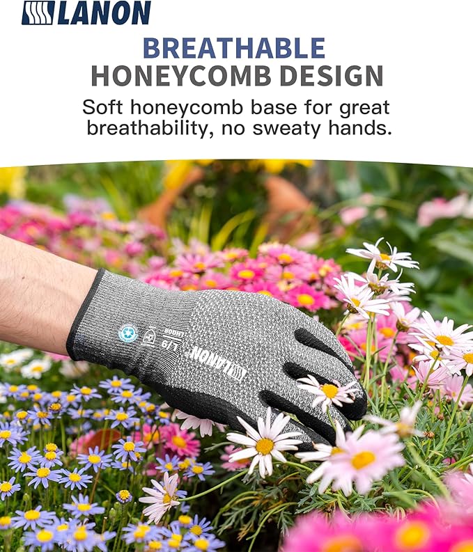 LANON Gardening Gloves for Men Women, 2 Pairs Nitrile Coated Garden Gloves with Grip, Breathable B.COMB AIR Technique, Dusty Olive & Bluebird, Large