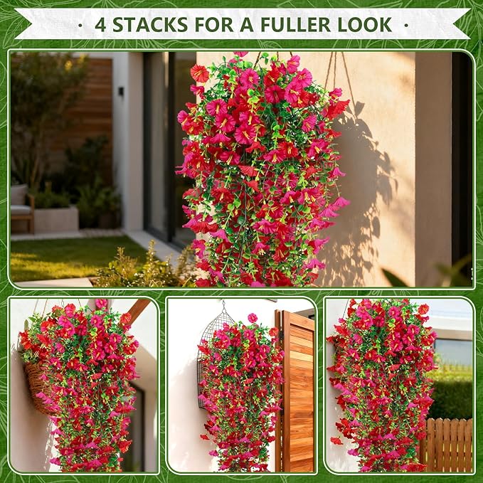 4-Pack Fake Hanging Plants, Faux Hanging Plant Artificial Greenery for Living Room Bedroom Boho Wall Shelf Indoor Outdoor Decor (Light Purple Pink Morning Glory)