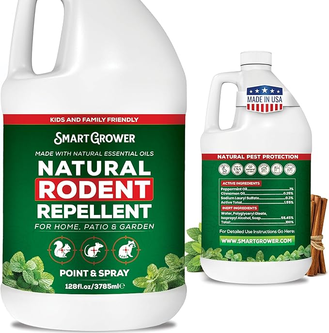 Smart Grower Peppermint Oil Spray for Rodents – Maximum Strength Ready to Use Peppermint Spray for Rodent, Mice, Squirrels – Indoor, Outdoor & Car Engine Protection – 128 oz