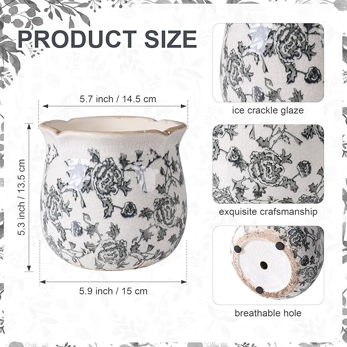 DREAMLOOM Vintage Ceramic Planter for Indoor Plants,6.1" Ice Crack Cottage Scroll Vase Tuscan Decor Flower Pots with Drainage Holes Home Kitchen Farmhouse Antique Decorative Gift (Grey-Corrugated)