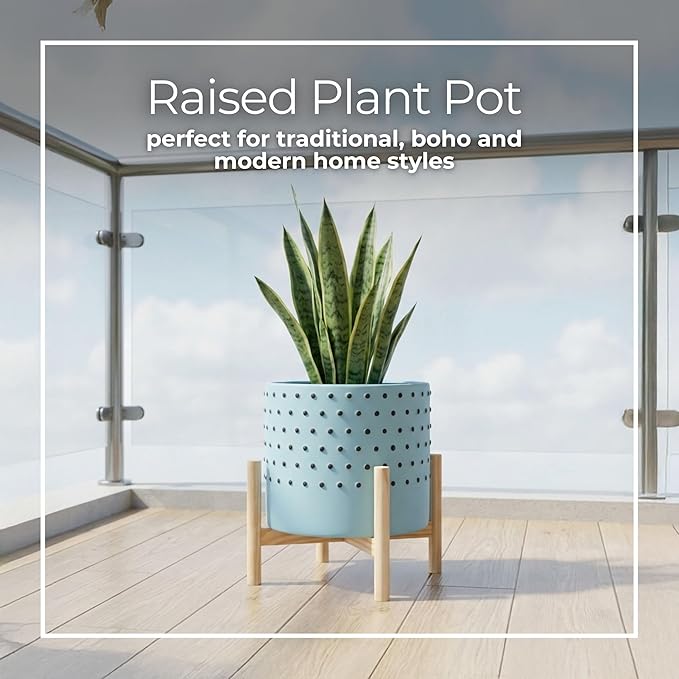 Ceramic Planter With Stand Indoor – Plant Stand Indoor For Elevated Greenery, Living Room Or Patio Placement, Textured Blue Home Decor Design Adds Height And Visual Impact – 11", Blue