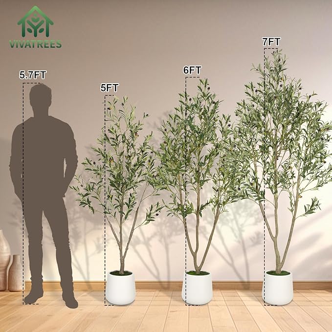 VIVATREES Olive Trees Artificial Indoor, 5FT Tall Faux Olive Tree with White Tall Planter, Artificial Plants with Natural Wood Trunk and Lifelike Fruits for Home Office Decor