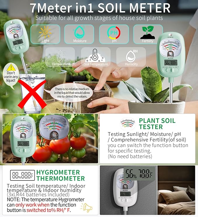 HSLGOVE Soil Test Kit, 7-in-One Soil Moisture Meter/Soil PH Meter/Fertility, Dual Screen Soil Tester w/Digital Soil Temp/Air Temp&Humidity for Plants Gardening,Lawn,Farm Indoor&Outdoor-Mint Green