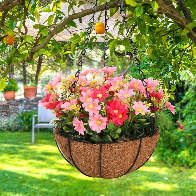 Hedume Artificial Fake Hanging Plants Flowers with Basket, Faux Silk Daisy Eucalyptus in Pot Planter Look Real, 8 inch Coconut Lining Basket for Porch Home Indoor Patio Balcony Yard Decoration