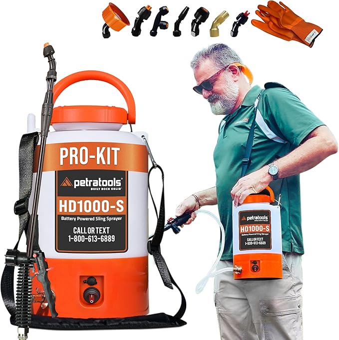 PetraTools Battery Powered Sprayer 1 Gallon - HD1000-S - Heavy Duty Electric Sprayers in Lawn and Garden for Weed/Pest Control, Watering & More - with 8 Nozzles & Strap (1 Gallon ProKit)
