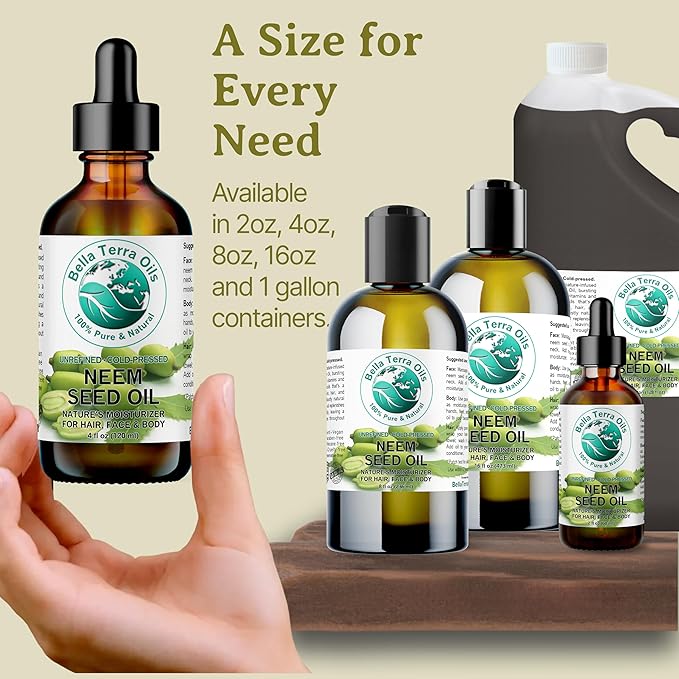 Bella Terra Oils - Organic Neem Seed Oil 8 oz - Harnessing the Power of Organic Neem Seeds, Rich in Stearic Acid, A Luxurious Elixir for Natural Skin Care