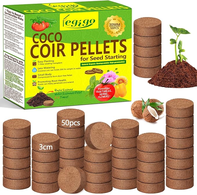Legigo 50 Pcs 30mm Coco Coir Pellets Seed Starter Soil Mix- Organic Coconut Coir Potting Soil Pods for Seedling, Coco Peat Soil Discs for Indoor & Outdoor Plants Bonsai Herbs Vegetables and Flowers