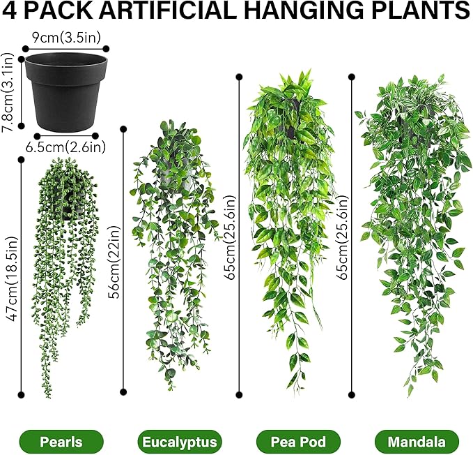 USLAI Artificial Hanging Plants Vine, Fake Potted Greenery Faux Eucalyptus, Mandala, String of Pearls, Pea Pod Leaves in Pot for Office Living Room Bathroom Indoor Outdoor Décor (4 Pack)