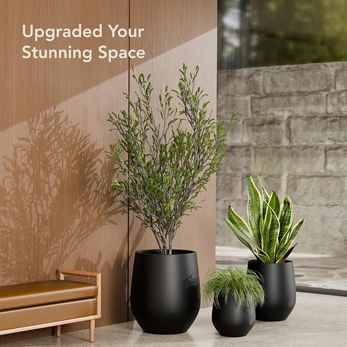 KUTE NEST 12.5" H x 11.4" D Premium Corso Fiberstone Round Tapered Planter with Drainage Hole, Weather Resistant for Indoor and Outdoor Use, Included 2 Extra Coco Mats (Black, 9" Pot Opening)