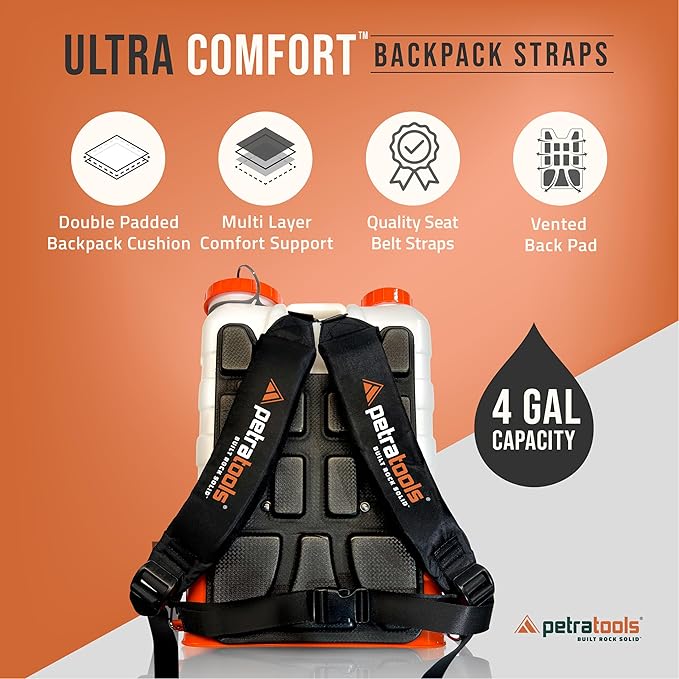 PetraTools Battery Powered Backpack Sprayer 4 Gallon - 8 Hours Long Battery Life & Padded Straps for Comfort - HD4000 Electric Backpack Garden Sprayer with 9 Spray Nozzles (HD4000 Pro Series)