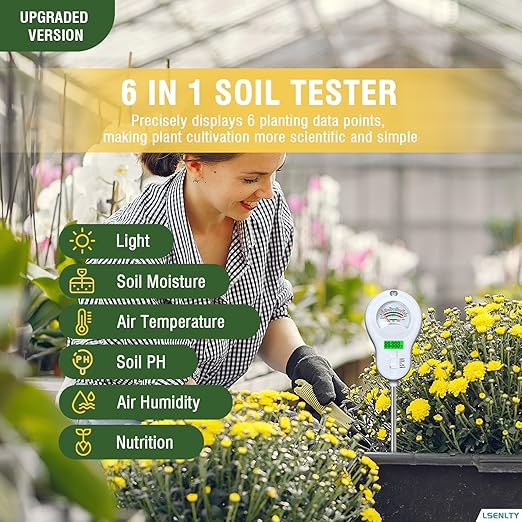 LSENLTY Soil Moisture Meter, 6-in-1 Soil pH Meter, Measures Temperature, Humidity, Light Intensity, nutrients, pH, and Ambient Humidity. Suitable for Horticulture, lawns, and Agriculture