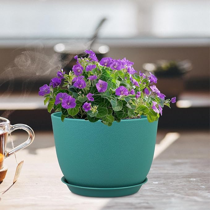 Meowell Plant Pots 12 inch, Plastic Planters with Drainage Holes and Saucers, Large Flower Pots for Indoor Outdoor Plants, Modern Decorative Pots for Garden House Plants, Blue Green
