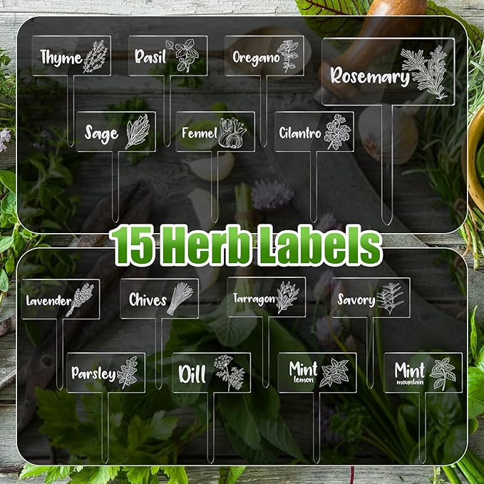 Bucherry 15 Pcs Acrylic Plant Label Signs, Clear Herb Markers T Type with Printed Herb Name Waterproof Plant Marker Stakes for Indoor Outdoor Seed Flowerpot Potted(Acrylic)