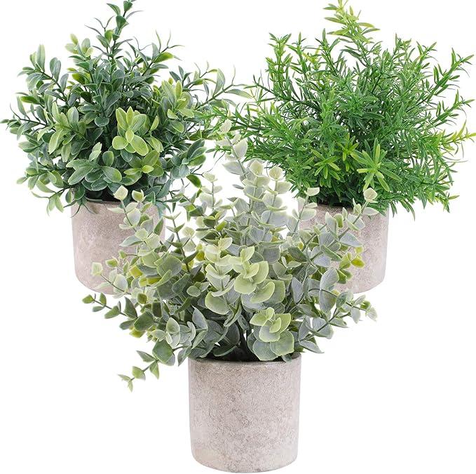 3 Pack Mini Artificial Potted Plants Faux Eucalyptus Plants Boxwood Rosemary Greenery in Pots Small Houseplants for Home Decor Office Desk Shower Room Decoration