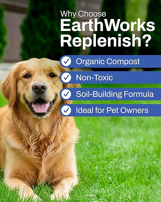 EarthWorks EW4H Replenish Lawn Fertilizer (8-2-2), Organic Compost Grass Food, Deep Root Turf Booster, Year-Round Green, Soil-Building Formula for All Seasons, 25 lbs