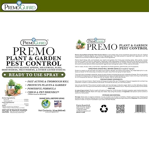 Plant & Garden Pest Control by Premo Guard - 32 oz - Insect & Disease Control for Organic Gardening - Effective Natural Plant Based Formula for Inside & Outside Plants
