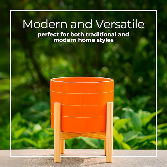 Striped Ceramic Planters with Wooden Stand as Home Decor Flower Pots for Entryway, Patio, Tabletop, and Garden - Colorful Decorative Pots for Indoor and Outdoor Plants - 9", Orange & Tan