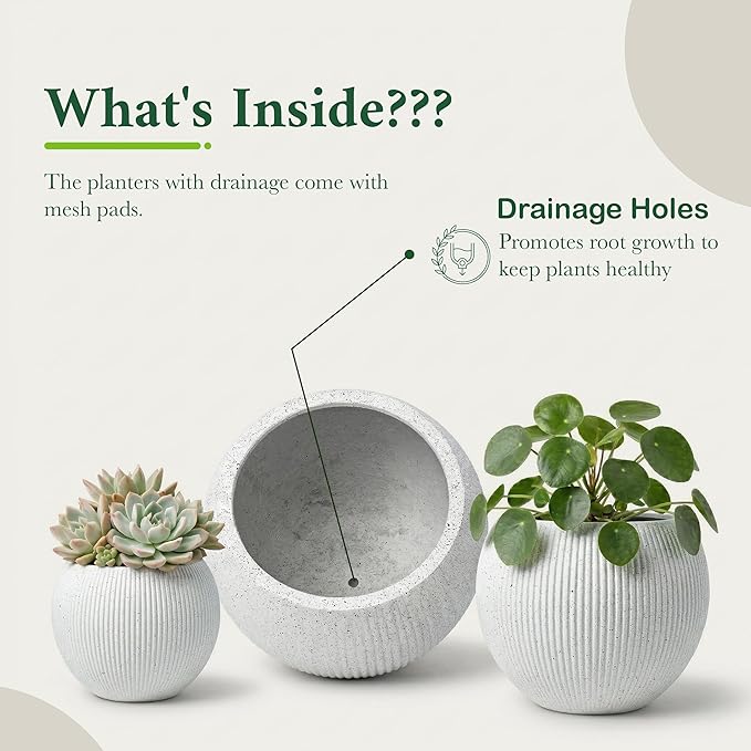 DTY Mount Sherman 12.6" D x 10'' H (Pot Opening 8.5") Fiberstone Round Planter with Drainage Hole, Smooth Finishes, Weather Resistant for Indoor and Outdoor, 2 Extra Coco Mats - White Ribbed,Small