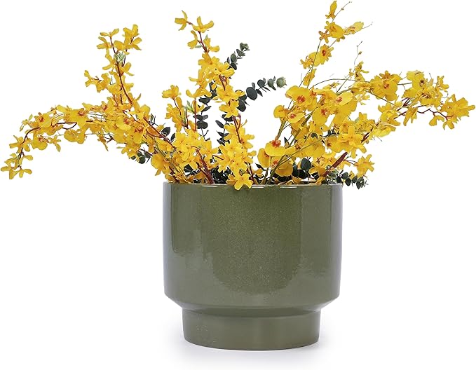 3-Piece Ceramic Flowerpot Set Modern Glossy Planters Elevated Base Drainage Hole Airflow Promoting Round Pots Succulents Flowers Patio Windowsill Frost Heat Weather Resistant (Antique Light Green)