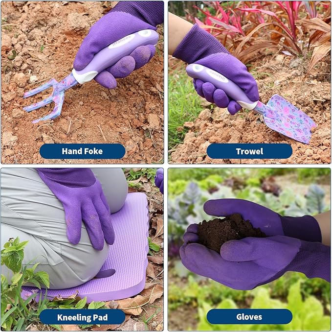 Purple Garden Tool Sets 10-Piece, Aluminum Alloy Steel Hand Tools w/Non-Slip Ergonomic Handle, Floral Print Garden Supplies Organizer Handbag, Cute Gardening Tools Gift for Women Grandmother