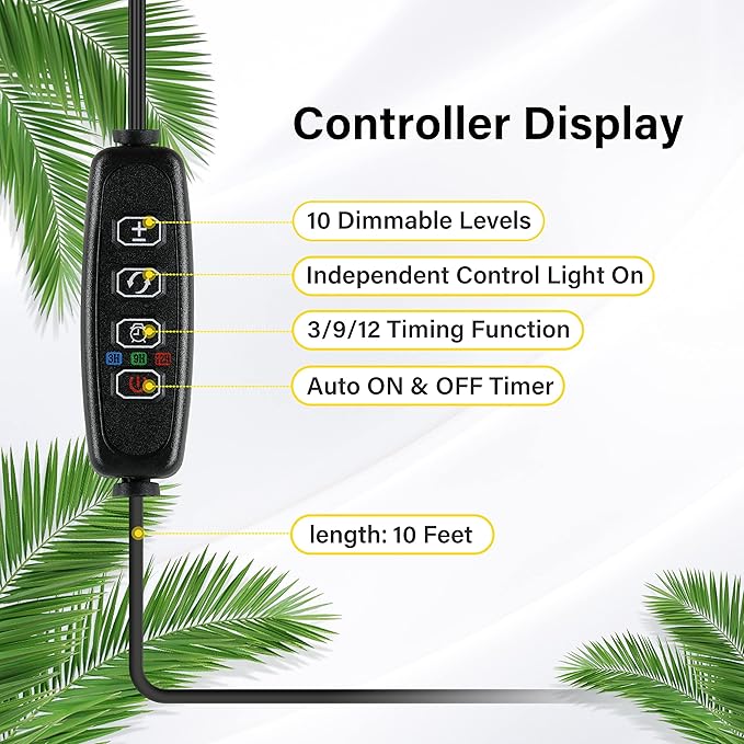 iPower 20W LED Plant Grow Light Strips Full Spectrum for Indoor Plants with Auto ON/Off 3/9/12H Timer, 10 Dimmable Levels 48 LEDs Per Tude, for Hydroponics Succulent, 3 Tubes*2, Red&Blue