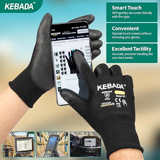 Kebada Safety Work Gloves,120 Pairs Bulk Pack, Touchscreen, PU Coated, Ideal for Warehouse, Construction, Gardening and Mechanics, Black, XX-Large