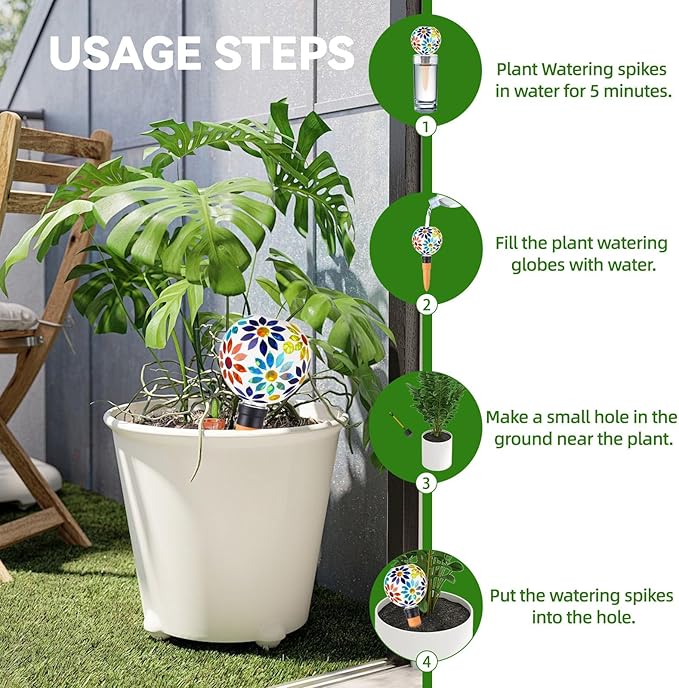 VOREEN Mosaic Plant Watering Globes 2 Pack 500ml with Terracotta Spikes, Handmade Self-Watering Stakes for Indoor/Outdoor, Gift for Garden Lover, Automatic Watering Devices (Multi Colored Flowers)