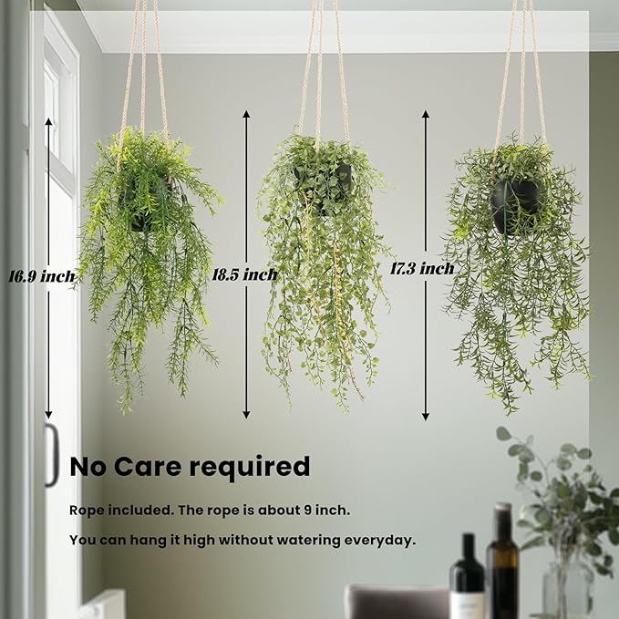 3 Packs Fake Hanging Plants with Black Pots, 18.5" Artificial Hanging Plants for Wall Decor, Fake Plants Mandala Vine Indoor/Outdoor for Home Bathroom Bedroom Kitchen Office Room Decor
