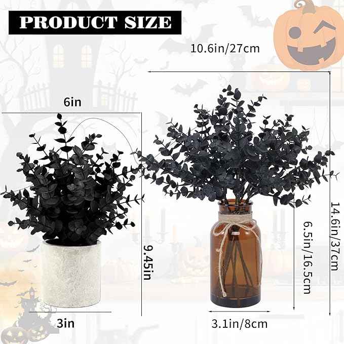 Coferset Black Eucalyptus Stems in Glass Vase with Faux Water for Halloween Decorations, 14" Eucalyptus Fake Plants for Home Bathroom Office Kitchen Farmhouse Shelf Centerpiece Coffee Table Decor