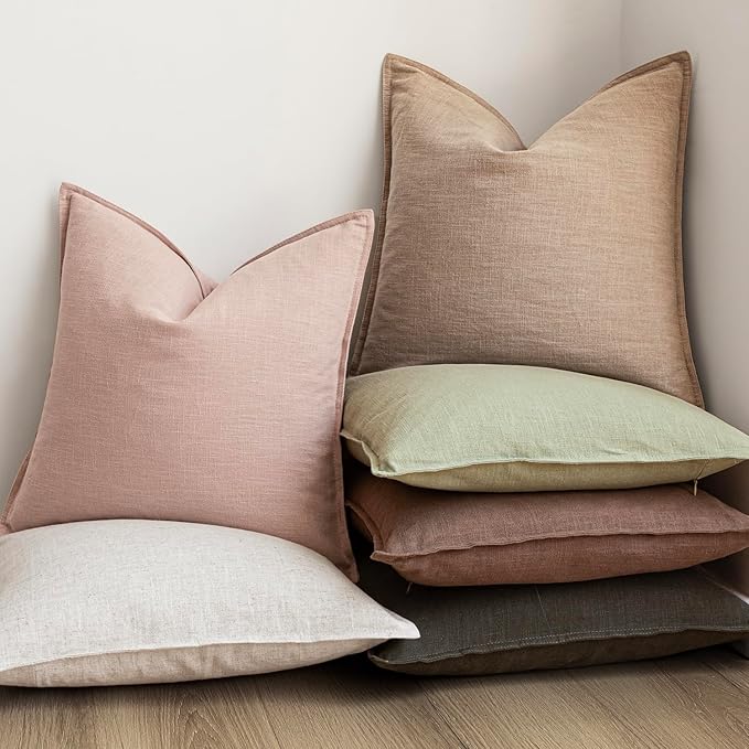 Foindtower Pack of 2, Decorative Linen Solid Throw Pillow Covers Soft Accent Cushion Case Boho Farmhouse Pillowcase for Bed Chair Couch Sofa Bedroom Living Room Home Decor 20 x 20 Inch Light Pink