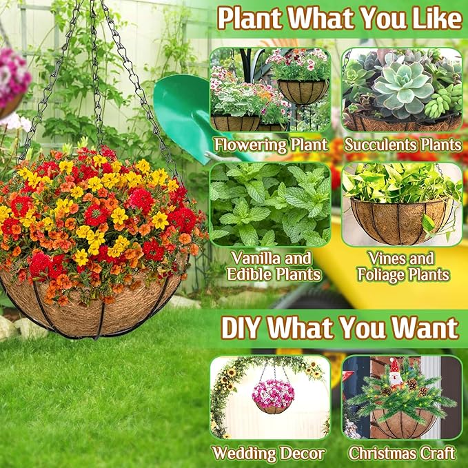 ZeeDix 3 Pack 12 Inch Outdoor Hanging Baskets, Metal Wire Hanging Planters with Coconut Liners, Round Hanging Baskets for Plants Flowers Ferns Home Garden Porch Balcony Railings Decor