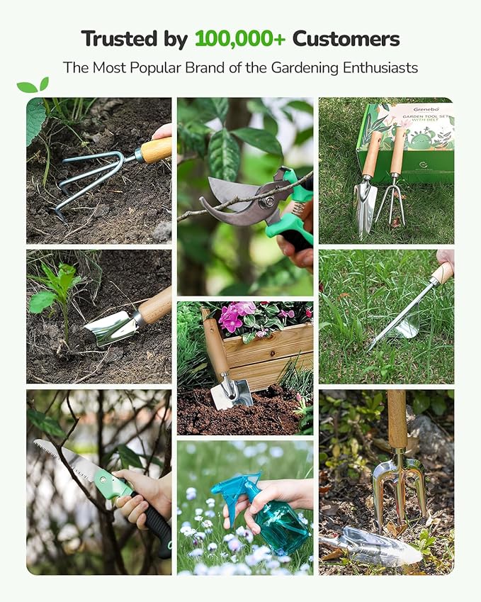 Grenebo All-in-One Garden Tool Set with Tools Organizer Belt Adjustable, 10-Piece Gardening Hand Tools, Long Lasting Rust-Proof Premium Garden Tool Kit, Gardening Gift for Women Men (Green)