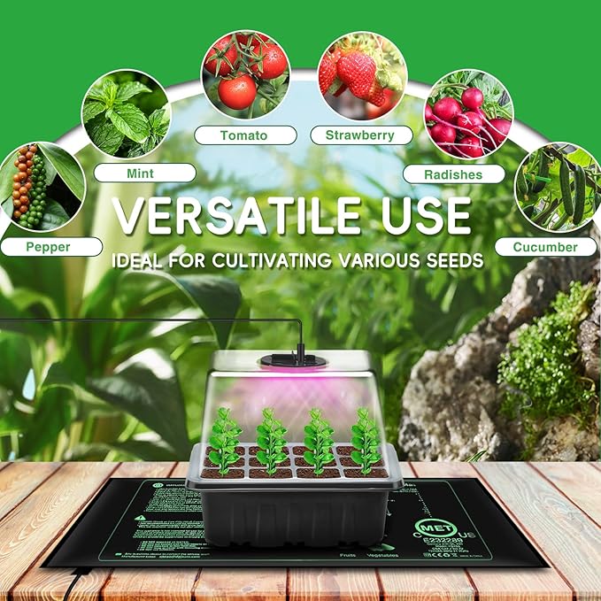 YAUNGEL Seed Starter Tray with Grow Light, 5 Pack Seed Starter Kit with Heat Mat, Seed Tray with Timing Controller Adjustable Brightness and Humidity Domes Heightened Lids, Black