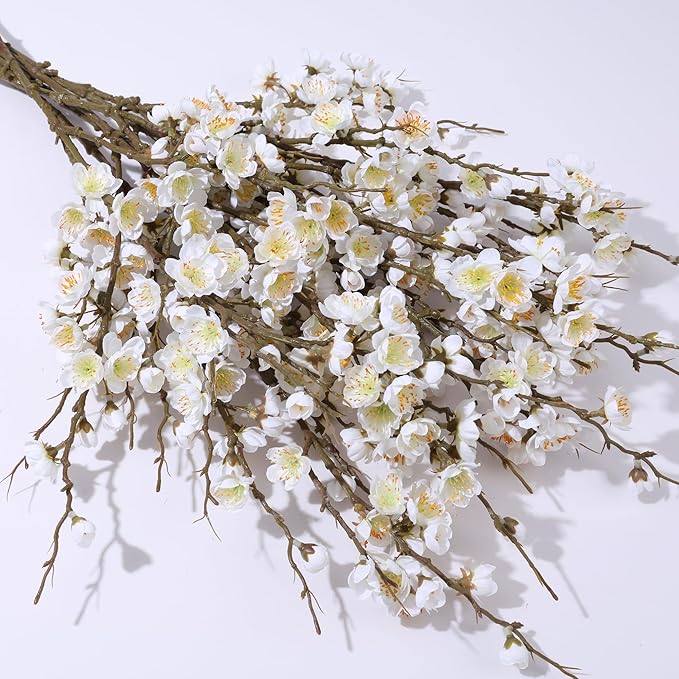 florisso 6 PCS Artificial Cherry Blossom Branches Spring Indoor Decoration, Faux Flowers 34.45" Long Stems Plum Fake Peach Plants Real Touch Silk for Wedding Home Bedroom Party Table Office, White