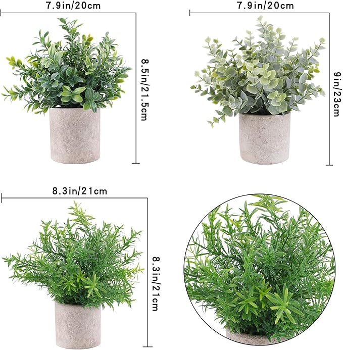 3 Pack Mini Artificial Potted Plants Faux Eucalyptus Plants Boxwood Rosemary Greenery in Pots Small Houseplants for Home Decor Office Desk Shower Room Decoration