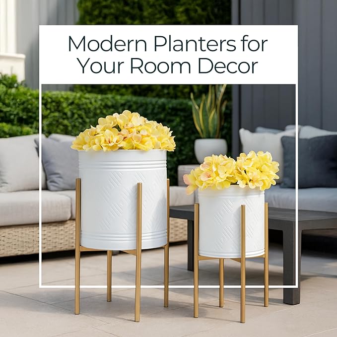 Decorative Flower Pots with Metal Stand for Home Decor - Modern Planters for Hallway, Entryway, and Living Room Decor - Indoor and Outdoor Pots for Plants - Set of 2, 23", 19", White & Gold