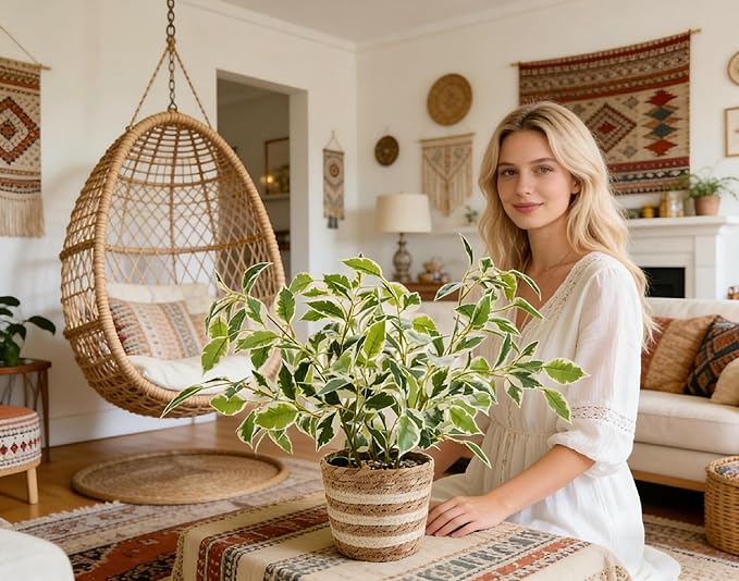 19" Variegated Ficus Artificial Potted Plant in Striped Woven Basket Lifelike Indoor Fake Plant for Shelf Table Apartment Boho Home Decor