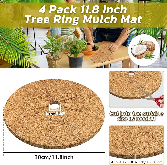 Legigo 4pcs Coconut Fiber Mulch Ring Tree Plant Protector Mat, 11.8 Inch Natural Coco Coir Tree Mulch Ring Plant Pot Soil Cover, Tree Rings Disc Plant Cover for Indoor Outdoor Plants, Landscaping