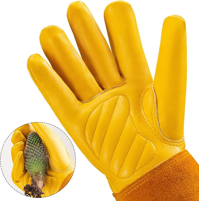 Acdyion Thorn Proof Gardening Gloves for Rose Pruning - Long Cowhide Leather with Forearm Protection Unisex(Butter Yellow,X-Large)