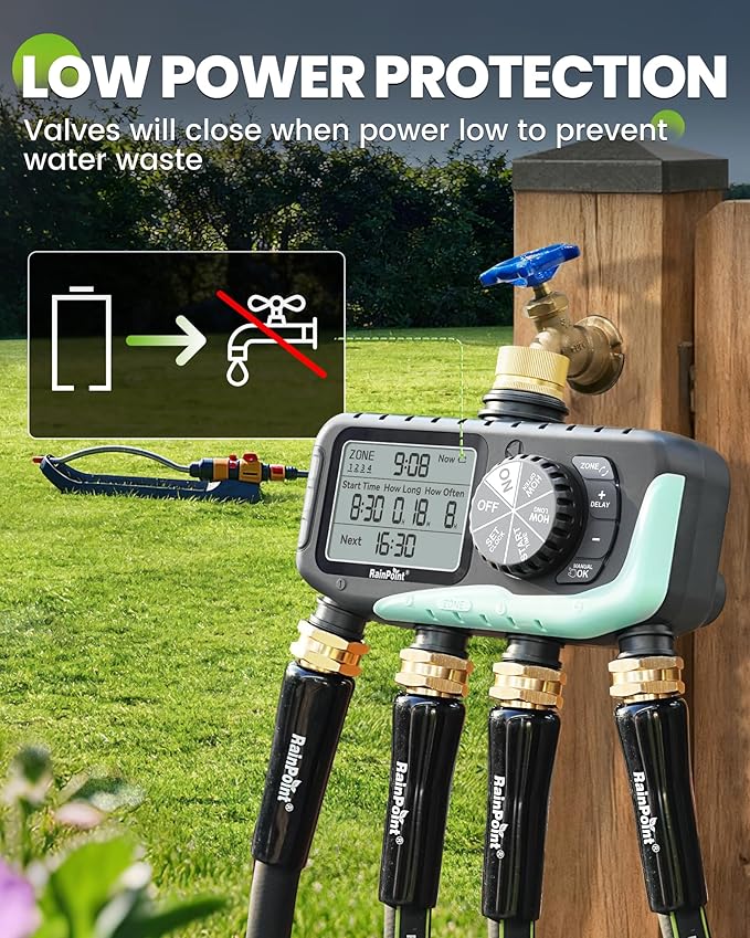 RAINPOINT Sprinkler Timer 4 Zone, Water Timer for Garden Hose, for Soaker Hose with Rain Delay/Manual/Automatic Watering System, Digital Irrigation for Yard, Lawn Brass Inlet
